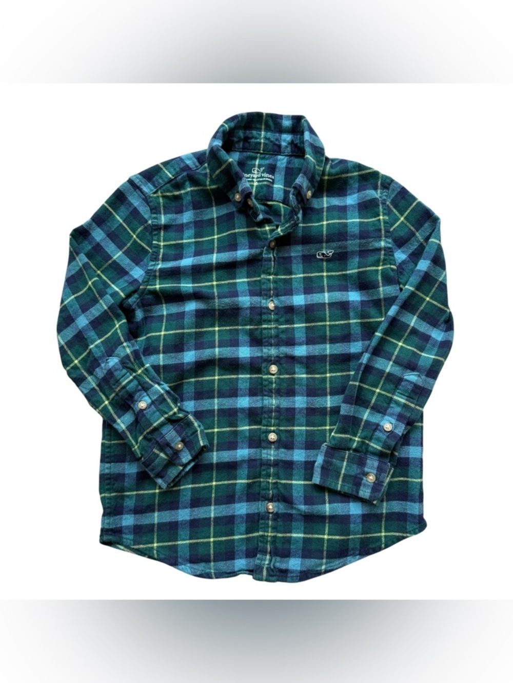 Vineyard Vines Plaid Flannel Shirt Green Blue Boys 6 Preppy Whale Logo Cotton